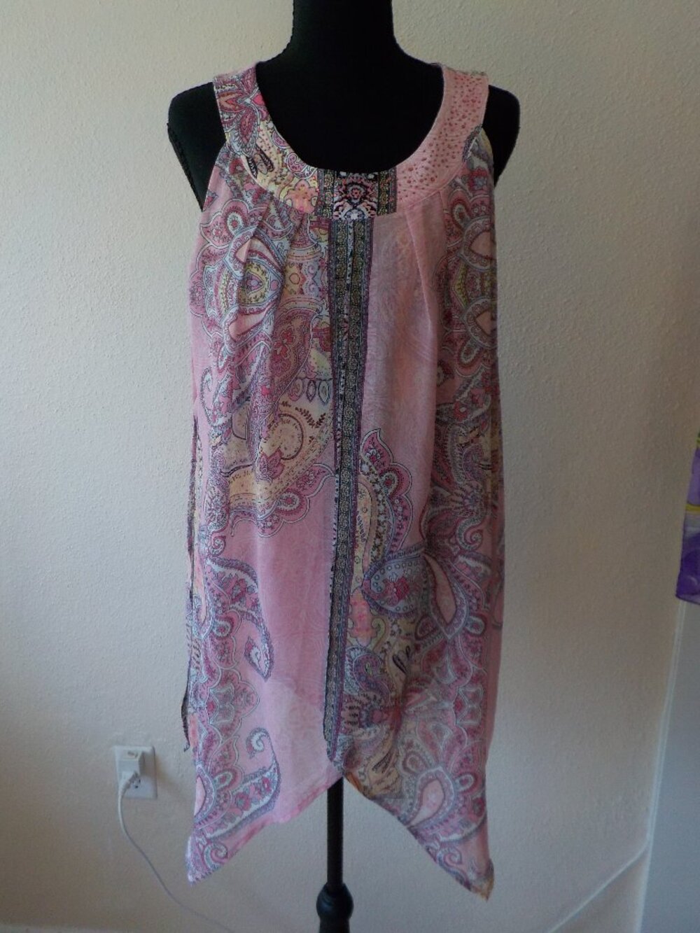 Roz & Ali Blouse Tunic - Large - Pink Paisley Sleeveless Sheer Overlay (2592)